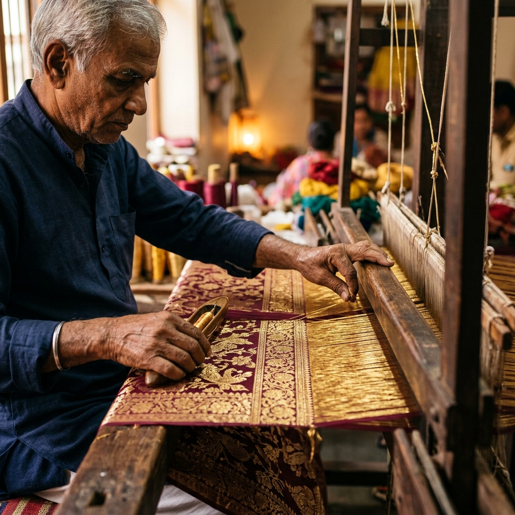 Artisan weaving Banarasi silk on handloom